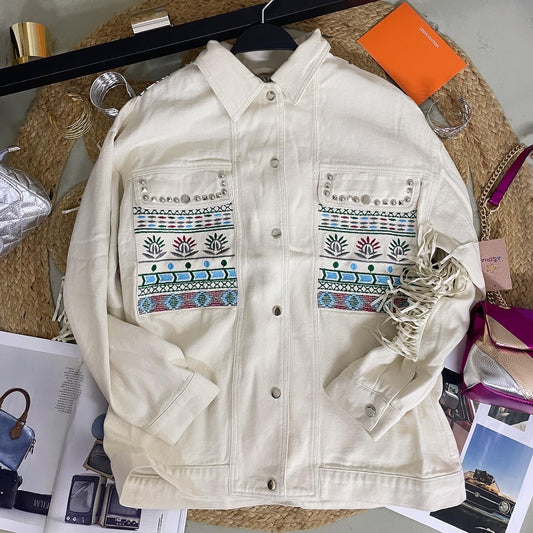 🎀Chaqueta vaquera blanca flecos
